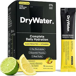 DryWater® Electrolyte + Vitamin Hydration Powder Packets – Lemon Lime, 1,000mg Potassium, Real Organic Fruit, NSF Certified for Sport, Nothing Artificial, No Added Sugar (12 Stick Packs)