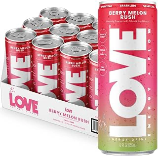 Be LOVE™ Nootropic Energy Drink – 80mg Natural Caffeine, L-Theanine & Alpha-GPC for Clean Calm Focus – Zero Sugar, Low Calorie, 100% DV B-Vitamins – Non-GMO, Vegan – 12 fl oz (Pack of 12) (Berry Melon Rush)