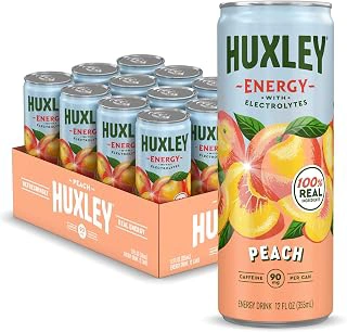 Huxley Peach Energy Drink | 90mg Natural Caffeine, Clean Energy – No Crash, No Jitters | Only 5g Organic Sugar, No Artificial Sweeteners | Electrolytes + L-Theanine for Focus & Hydration | Real Peach Juice, Plant-Based, Vegan | 12 oz (Pack of 12)