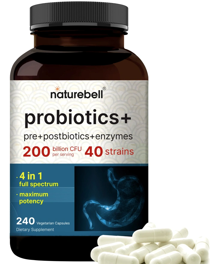 NatureBell Probiotic 200 Billion CFU – 40 Strains Per Serving - 240 Veggie Capsules with Prebiotics and Probiotics – Full Spectrum Complex with Enzymes – Daily Probiotics for Women & Men