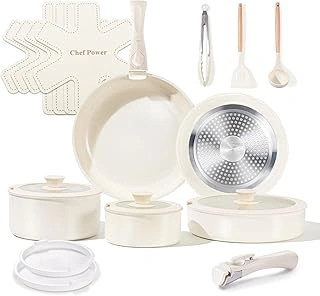 Chef Power 19-Piece Nonstick Ceramic Cookware Set with Detachable Handles, Cream White